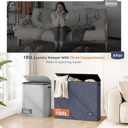 SOLEDI 180L 3-Section Laundry Hamper with Lid, Extra Large Dirty Clothes Basket with Sturdy Handles for Laundry Room & Bedroom - Durable Organizer for Sorting Laundry