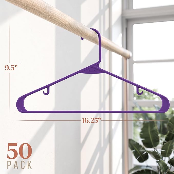 Plastic Hangers 50 Pack Purple - Clothes Hangers - Makes The Perfect Coat Hanger and General Space Saving Hangers for Closet and New Apartment Essentials - Percheros Ganchos para Colgar Ropa Hangars