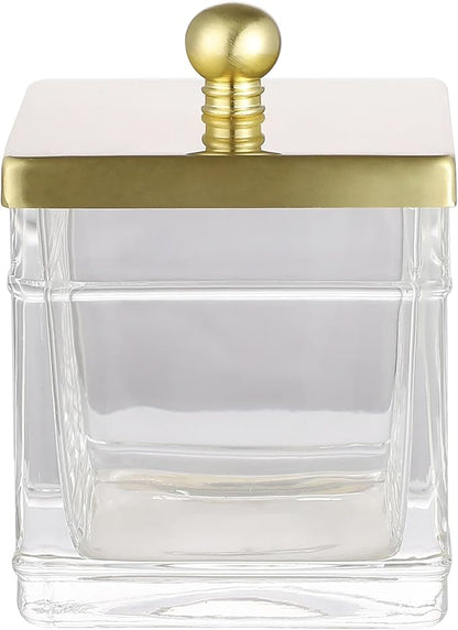 Clear Transparent Hotel Style Apothecary Tempered Glass Canister Jar W/ Gold Metal Lid Cover, Classic Countertop Organizer for Cotton balls/pads, Floss Picks, Makeup Storage