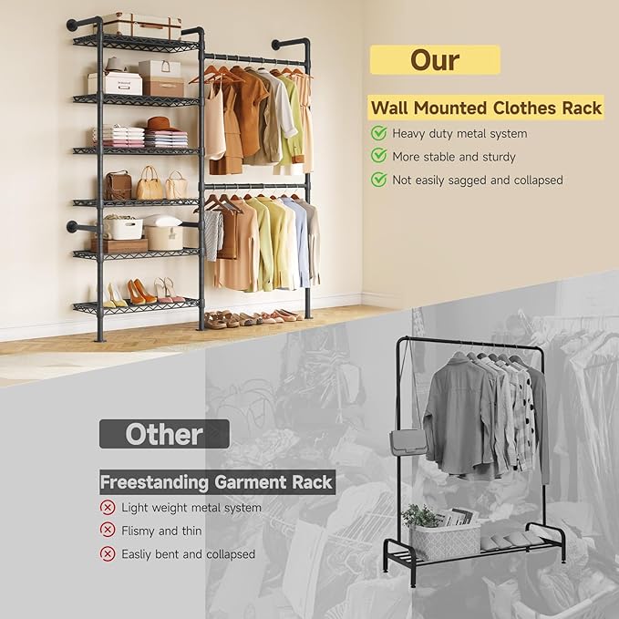 ONBRILL H2 Wall Mounted Clothing Rack, Expandable Industrial Pipe Clothes Rack Garment Racks for Hanging Clothes, Heavy Duty Closet Organizers and Storage in Closet System, Black