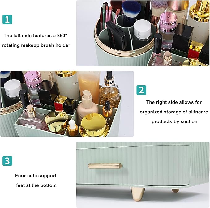 Makeup Organizer Countertop with Drawer 360 Rotating Brush Holder Storage Large Capacity Skincare Cosmetic Display Cases for Vanity Bathroom Desktop, Model 3016 Green