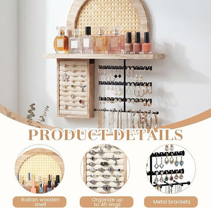AceOrbit Hanging Jewelry Organizer Wall Mounted with Rustic Wood Rattan Shelf Wooden Ring Display Box Large Boho Jewelry Holder for Necklaces Bracelet Earrings Rings Storage