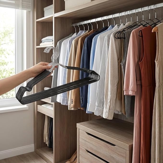 24-Pack Metal Hangers with Shoulder Notch - Heavy Duty Wire Clothes Hangers, Ultra-Thin Stainless Steel, Non-Slip, Space-Saving Coat Hangers for Home, and Hotels - Rust-Resistant and Durable