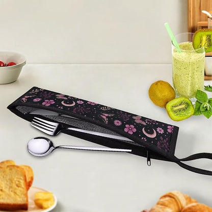 COEQINE Black Utensil Holder Case for Fork Spoon Knife Organizer,Pink Buttterfly Moon Leafproof Travel Spoon Case With Handles Machine Washable Portable Cutlery With Zipper