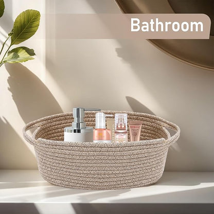 JMvicyroam Woven Basket,Small Rope Storage Bin with Handles & Ribbon Bag, Organizer for Shelves Closets,Gift Basket Empty for Birthday,Books,Dog Toys,Oatmeal/2 Pack