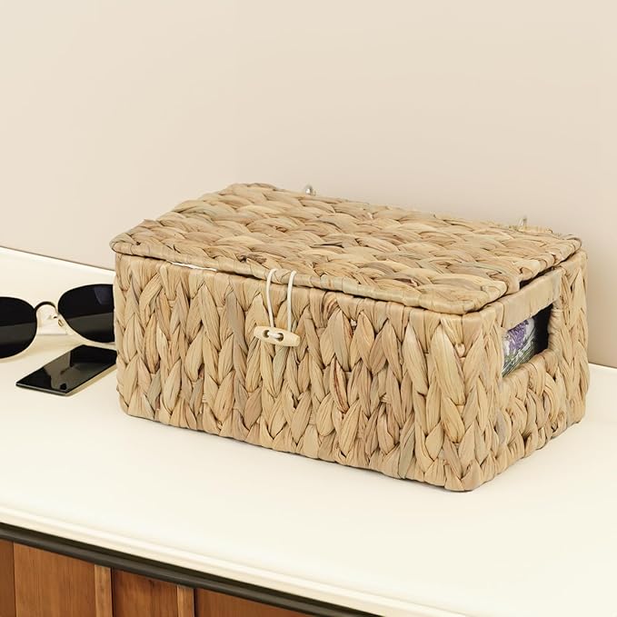 Small Wicker Basket with Lid, Natural Water Hyacinth Storage Baskets for Organizing, Rectangular Woven Basket for Storage, Decorative Boxes Bins with Lids and Built-in Handles (10.2" x 6.3" x 3.9")