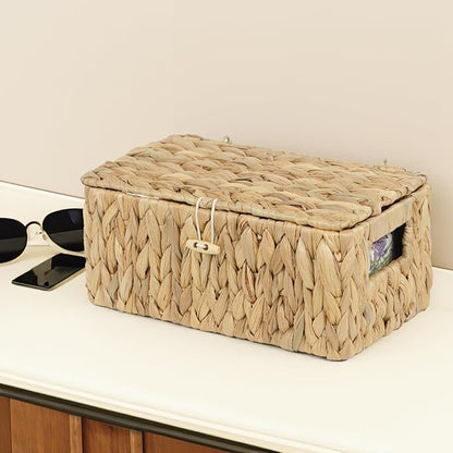 Small Wicker Basket with Lid, Natural Water Hyacinth Storage Baskets for Organizing, Rectangular Woven Basket for Storage, Decorative Boxes Bins with Lids and Built-in Handles (10.2" x 6.3" x 3.9")