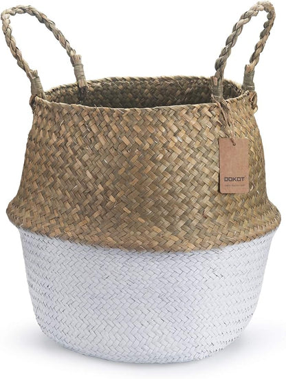 Seagrass Plant Basket with Handles Natural Woven Storage Baskets (White L(9.5" D x 11" H))