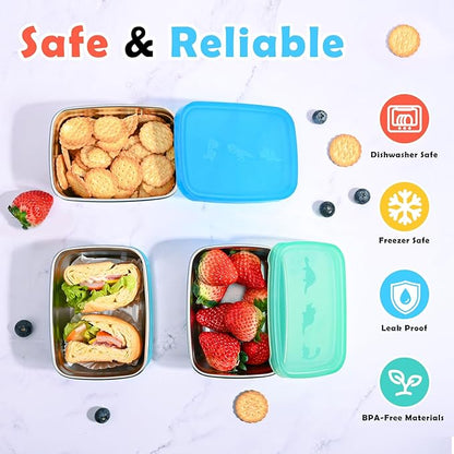 Tanjiae 3-Pack Stainless Steel Snack Containers - 550ml (18oz) Leakproof Colorful Lids with Cute Dinosaurs | LFGB Certified, Stackable Metal Lunch Box for Home, Picnic, Travel