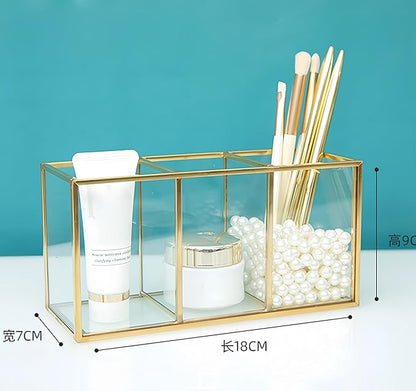 JIARI Gold 3-Compartment Desktop Organizer, Transparent Glass Makeup Brush Holder, 7.08x3.54x2.75 Inches Storage for Home Office and School Items (Gold-3 Slot)