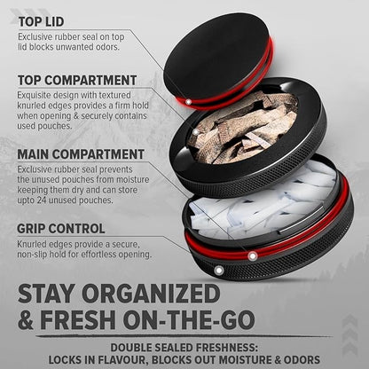 Premium Zyn Metal Can - Waterproof, Moisture & Odor Proof - Metal Zyn Container - Dip Can, Zyn Tin, Zyn Holder with Knurled Edges, Aluminum Zyn Can & Organizer - The Stealth (Black, Knurled Edge)
