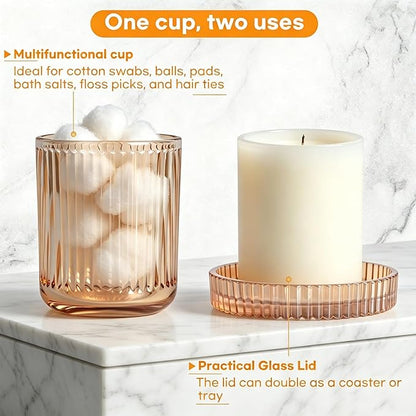 2 Pack Ribbed Glass Qtip Holder with Lid, Apothecary Storage Jars, Bathroom Vanity Countertop Organizer for Cotton Swabs, Cotton Balls, Pads, Floss Picks, Hair Ties, Makeup Accessories (Amber)