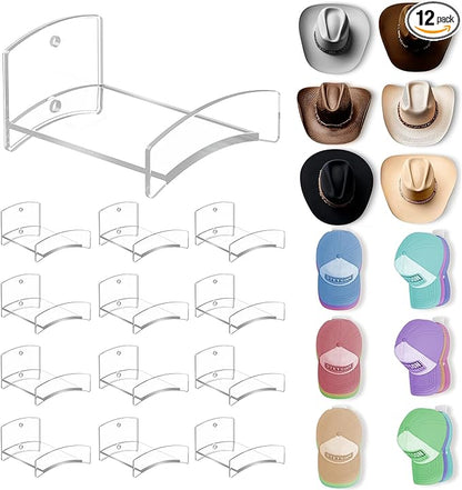 Cowboy Hat Rack(12Pack) - Wide Brimmed Organizer - Strong Adhesive Cowboy Holder - 2.2Inch Hooks for Walls - 2 Mounting Option Holder - Hangers for Doors and Closets - Clear