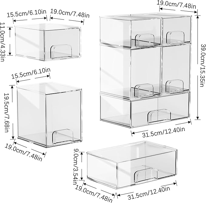 5 Pack Stackable Storage Drawers, Clear Plastic Organizer Bins with Pull-out Handle for Makeup, Ideal for Vanity, Bathroom, Undersink, Cabinet, Pantry Organization