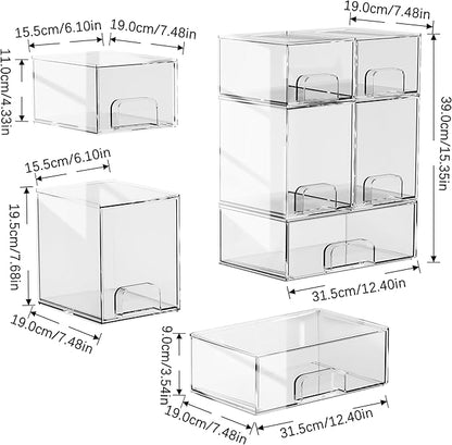 5 Pack Stackable Storage Drawers, Clear Plastic Organizer Bins with Pull-out Handle for Makeup, Ideal for Vanity, Bathroom, Undersink, Cabinet, Pantry Organization