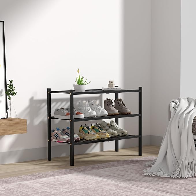 ROMGUAR CRAFT 3 Tier Bamboo Shoe Rack for Closet Free Standing Wood Shoe Shelf Storage Organizer for Entryway Small Space Stackable 27"x11"x20" (Black)