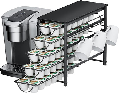 HFHOME Coffee Pod Holder For Counter, Pod Holder for K-cups, 5-tier Metal Coffee Capsule Storage Drawer, 70 Capacity Pods Organizer for Cafe Counter, Home, Office or Kitchen,3 cup rack, Black