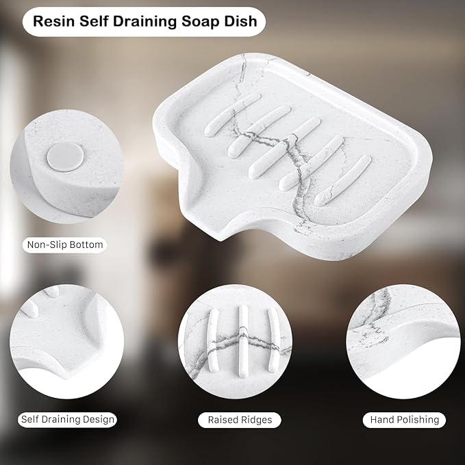 Self Draining Soap Dish for Shower and Bathroom Sink - Large Marble Resin Soap Holder with Drain, Non Slip Soap Tray for Bar Soap, Kitchen & Bathroom Counter