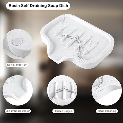 Self Draining Soap Dish for Shower and Bathroom Sink - Large Marble Resin Soap Holder with Drain, Non Slip Soap Tray for Bar Soap, Kitchen & Bathroom Counter