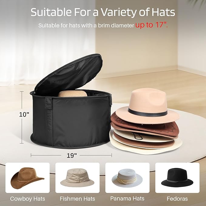 WOMACO Black Large Modern Hat Box for Storage, Stackable Hat Organizer Case for Cowboy Hat, Round Brim Hat Organizer Bag, Dustproof, Waterproof