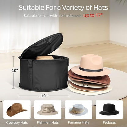 WOMACO Black Large Modern Hat Box for Storage, Stackable Hat Organizer Case for Cowboy Hat, Round Brim Hat Organizer Bag, Dustproof, Waterproof