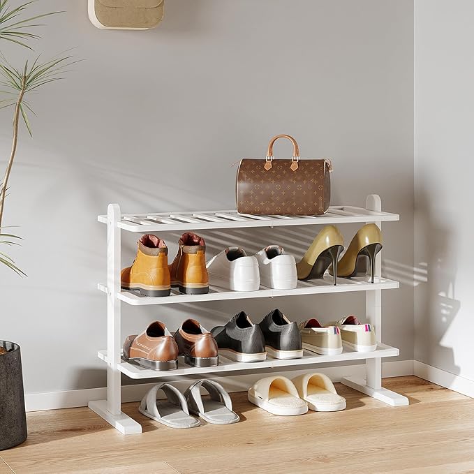 Varhomax White Shoe Rack, Bamboo Shoe Rack Organizer for Closet and Entryway, Thick Wooden Free Standing Shoe Shelf for Small Spaces, Sturdy & Versatile for Bedroom, Bathroom, Garage (3-Tier)