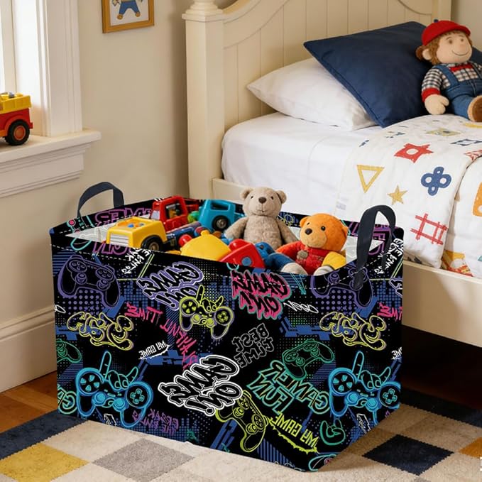 Rectangular Kids Baskets,Waterproof Foldable Storage Basket with Handles,Games Basket,Boys Room DecorGame Storage Bin,Shelf Baskets(Cool Game)