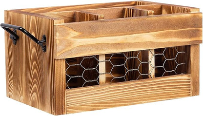 Rustic Weathered Brown Wood Utensil & Napkin Holder Black Metal Handles Chicken Wire Front Panel Kitchenware and Tableware Organizer Wooden Cutlery Storage Caddy Kitchen Dining Room Fork Spoon