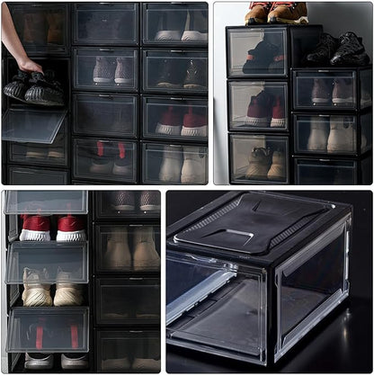 NUOBESTY Small Sneaker Shoe Box Clamshell Lid, Stackable Drawer-style Shoe Storage Container for Men and Women, Black Snap Closure Organizer for Closet and Display