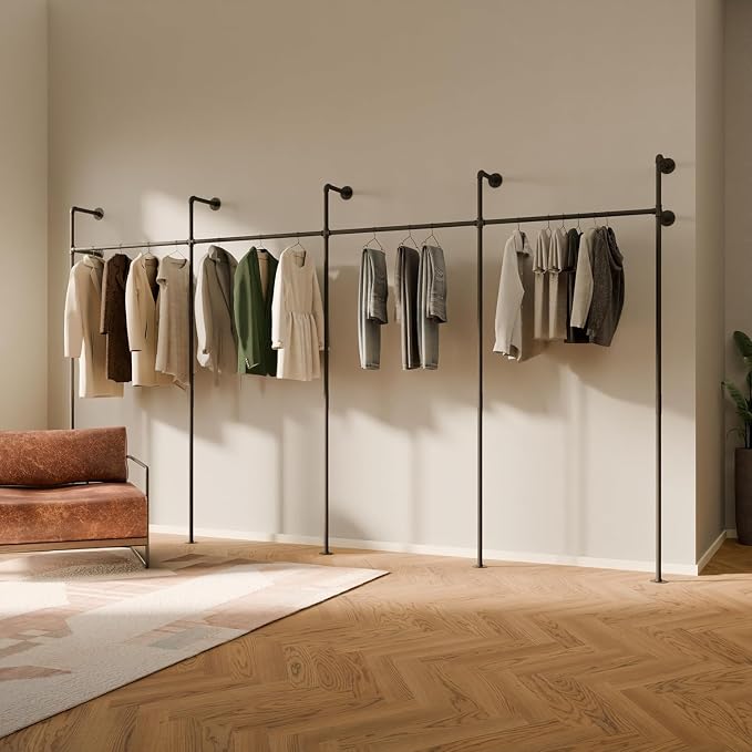 pamo Wall Mounted Pipe Clothing Rack – Industrial Closet System in Black Powder-Coated Steel – 154" W × 87" H, 970 lbs – Walk-In Closet & Retail