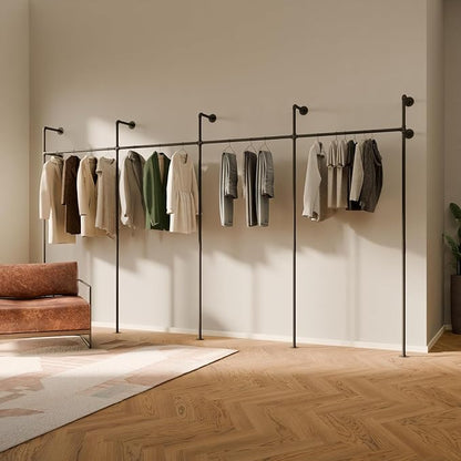 pamo Wall Mounted Pipe Clothing Rack – Industrial Closet System in Black Powder-Coated Steel – 154" W × 87" H, 970 lbs – Walk-In Closet & Retail