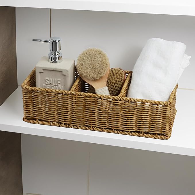 Waterproof Wicker Basket With 3 Compartments, Hand Woven Bathroom Counter Organizer, Small Storage Basket for Toilet Paper Storage, Countertop Shelf Toilet Tank (Light Brown)