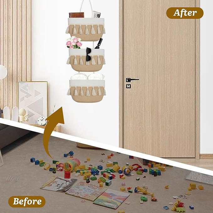 Over the Door Organizer Nursery - Cotton Boho Decor 3 Tier Wall Hanging Basket, Decorative Hanging Storage Organizer for Nursery Bathroom Bedroom Laundry Dorm Kitchen