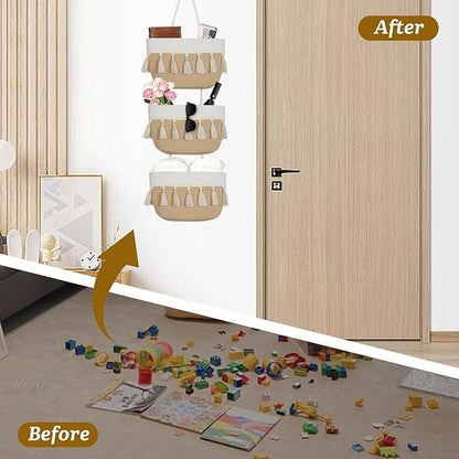 Over the Door Organizer Nursery - Cotton Boho Decor 3 Tier Wall Hanging Basket, Decorative Hanging Storage Organizer for Nursery Bathroom Bedroom Laundry Dorm Kitchen