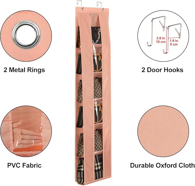 Lirex Over the Door Organizer, 2 Pack Handbag Storage with 6-Tier Space-Saving for Door or Closet, Handbag Hanger, Light Pink
