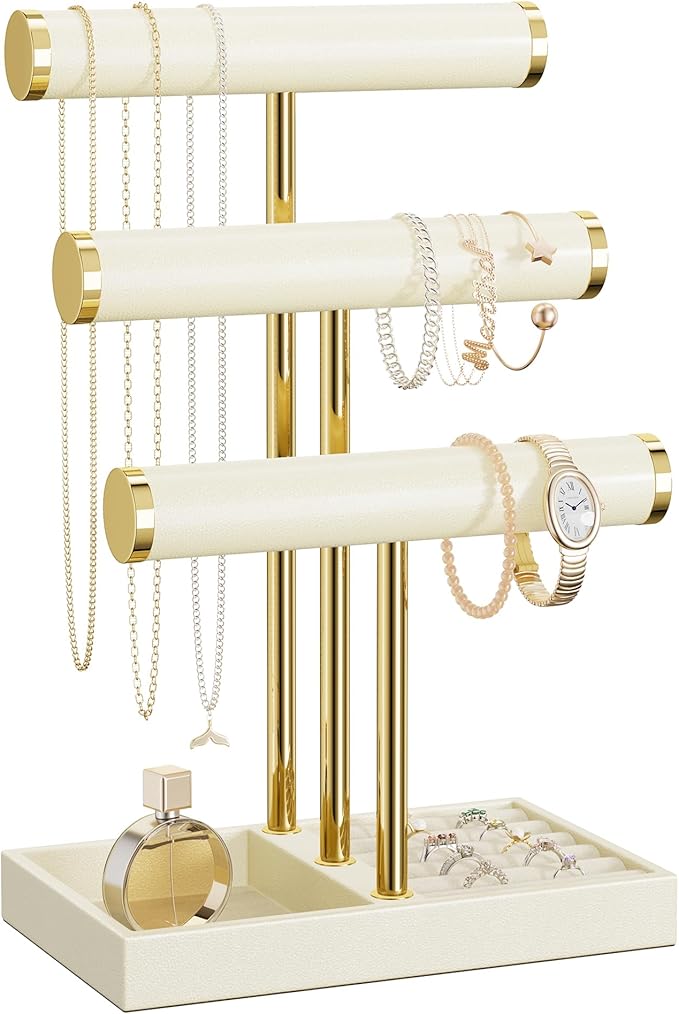bussdis 3 Tier Bracelet Holder Display - Beige Leather Bracelet Holder, Detachable T Bar Jewelry Holder Organizer for Bracelet, Necklace, Earrings, Rings, Watches, Bangle