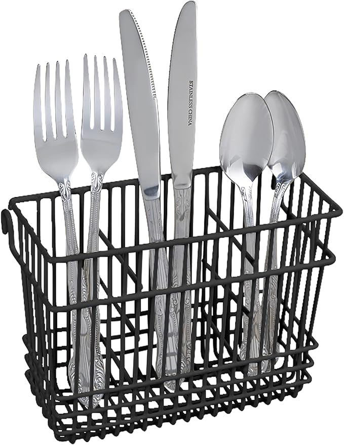 Kitchen Details Cutlery Basket | Hanging | Attach to Standard Dish Drying Rack | Utensil Caddy | Vinyl Coated | 3 Compartment | Black