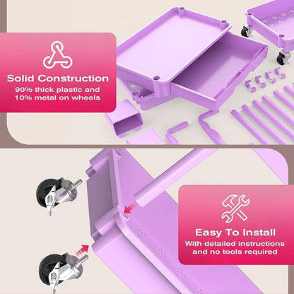 Goovilla Rolling Makeup Organizer Cart with Removable Drawer, 3 Tier Stable Purple Floor Skincare Storage Cart for Vanity, Cosmetic Display, Nail Polish, Perfume, Hair Stuff, Beauty, Bathroom(Plastic)