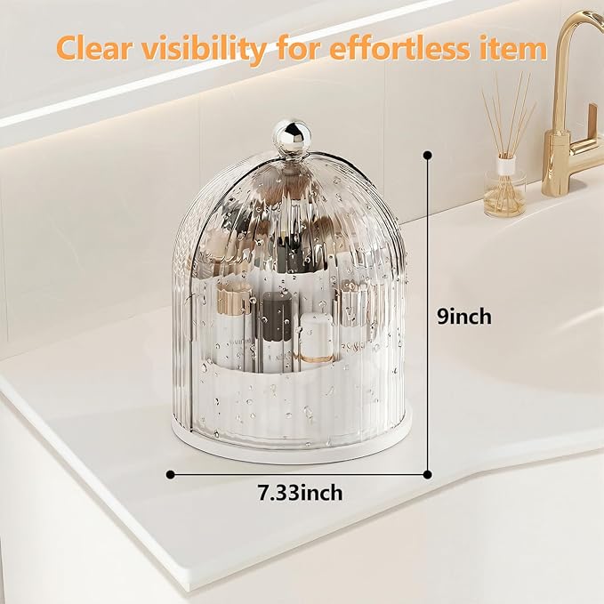 Makeup Brush Holder with Lid, 360° Rotating Cosmetic Organizer for Vanity, Covered Beauty Brushes Holder for Bathroom, Skincare Storage for Corner Countertop