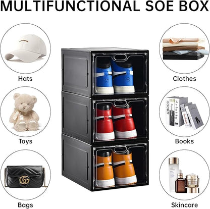 INSTY 12 Pack Large Shoe Storage Box, Clear Shoe Storage Organizer with Magnetic Door, Stackable,Shoe Containers For Display Sneakers, Easy Assembly, Fit up to US Size 12, Black