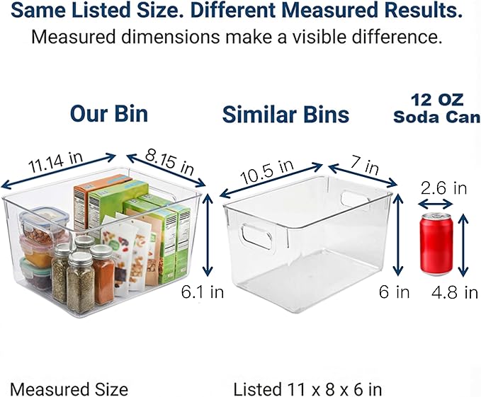 MOONEDGE 4 Pack Open Clear Plastic Storage Bins 11"x8"x6" Stackable Organizer Containers with Handle for Kitchen, Pantry, Fridge, Bathroom,Cabinet,Closet Storage