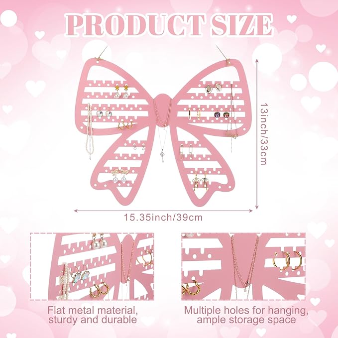 Pink Bow Hanging Earring Organizer Wall Mounted Metal Pink Jewelry Holder Coquette Bow Earring Rack Organizer Home Decor for Women Girls Bedroom Dormitory Accessories