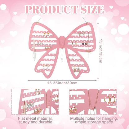 Pink Bow Hanging Earring Organizer Wall Mounted Metal Pink Jewelry Holder Coquette Bow Earring Rack Organizer Home Decor for Women Girls Bedroom Dormitory Accessories