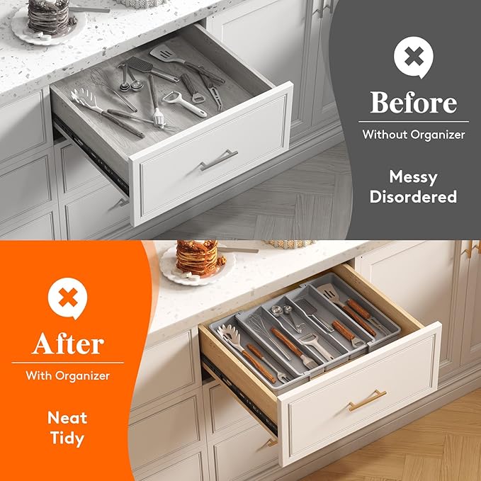 Lifewit Utensil Organizer for Kitchen Drawers, Expandable Cooking Utensil Tray, Adjustable Cutlery Silverware Flatware Holder, Plastic Spatula Tools Storage Divider, 11-18 x 14", Gray