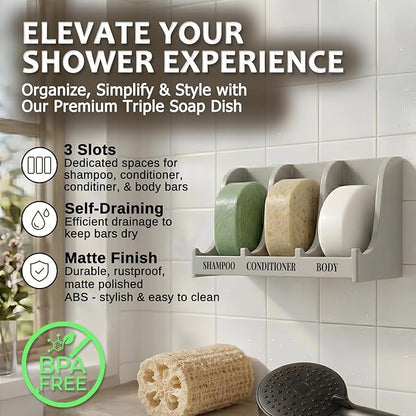 Soap Holder for Shower Wall, 3-Compartment Soap Dish for Shampoo, Conditioner and Body Soap, Fast Draining & Rust-Proof & Heavy Duty, Ultra-Strong Self Adhesive & Freestanding (Grey, Label)