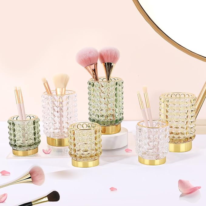 DASITON Makeup Brush Holder Organizer, Crystal Cosmetic Make Up Brush Holder, Glass Makeup Brushes Storage Organizer, Vintage Make Up Cup Desk Pen Pencil Holder, Toothbrush Holders (Yellow S+L)