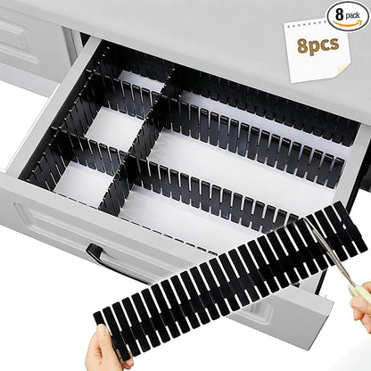 Drawer Divider Adjustable Diy Storage Organizer Separator for Tidying Clutter Cutlery Makeup Clothes of Dresses, Desk & Box in Kitchen Bathroom Bedroom Office (Cut at Will) (Black 8pcs)