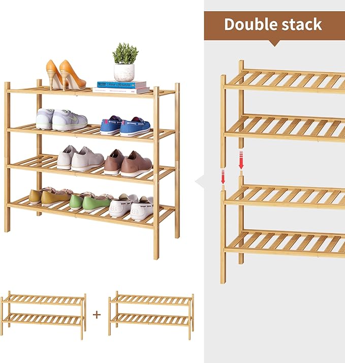 Bamboo Shoe Rack Stackable Shoe Shelf Storage Organizer for Unit Entryway Hallway and Closet Sturdy Freestanding Shoe Shelf (4 Tier Natural)