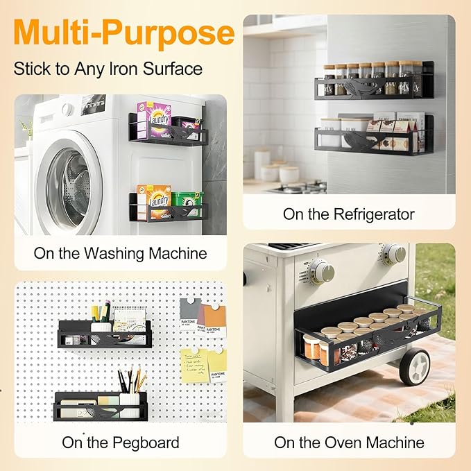 Magnetic Spice Rack for Refrigerator, 2 Pack Metal Magnetic Shelf Organizer for Fridge Side, Strong Spice Storage Rack for Kitchen, Black