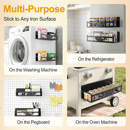 Magnetic Spice Rack for Refrigerator, 2 Pack Metal Magnetic Shelf Organizer for Fridge Side, Strong Spice Storage Rack for Kitchen, Black
